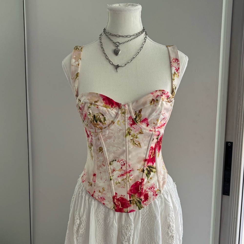 White Fox Floral Satin Bustier Corset Top Lace-Up